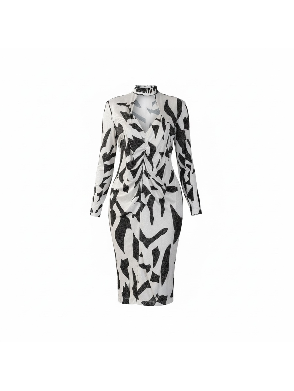 Black & White Abstract Print Ruched Midi Dress